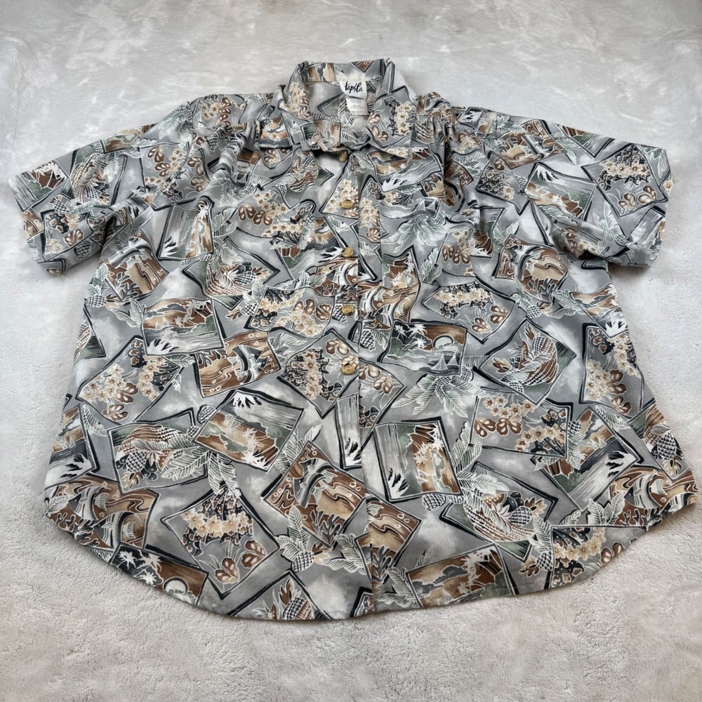 Vintage Topsflo Shirt Womens 2X Abstract Scenic‎ Print Short Sleeve 50/50